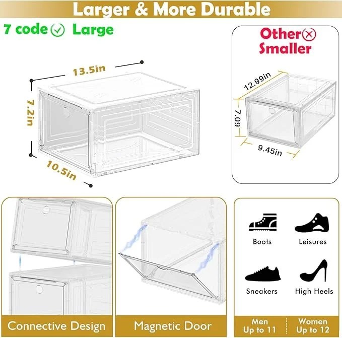 12 Pack Clear Shoe Storage Organizer with Magnetic Door,Stackable Plastic Shoe Boxes for Sneakers,Boots,and Heels,Space-Saving Foldable Shoe Rack for Closet,Durable Shoe Cabinet Organizer,White