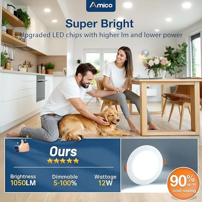 Amico 24 Pack 6 Inch 5CCT Ultra-Thin LED Recessed Ceiling Light with Junction Box, 1050LM Brightness, Dimmable Canless Wafer Downlight, 12W, ETL&amp;FCC