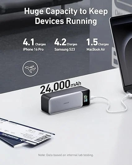 Anker 737 Power Bank, 140W Max 3-Port Laptop Portable Charger, 24,000mAh, Smart Display, Compatible with iPhone 16 / 15 / 14 Series, Vision Pro, Samsung, MacBook, and More
