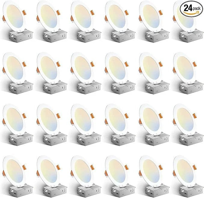 Amico 24 Pack 6 Inch 5CCT Ultra-Thin LED Recessed Ceiling Light with Junction Box, 1050LM Brightness, Dimmable Canless Wafer Downlight, 12W, ETL&amp;FCC