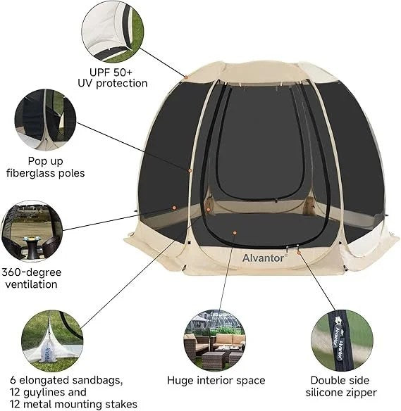 Alvantor Pop Up Screen House Gazebo with Mosquito Netting, Instant UV Resistant Sun Shelter for Patio &amp; Backyard, Portable Canopy Tent for 2-10 Person